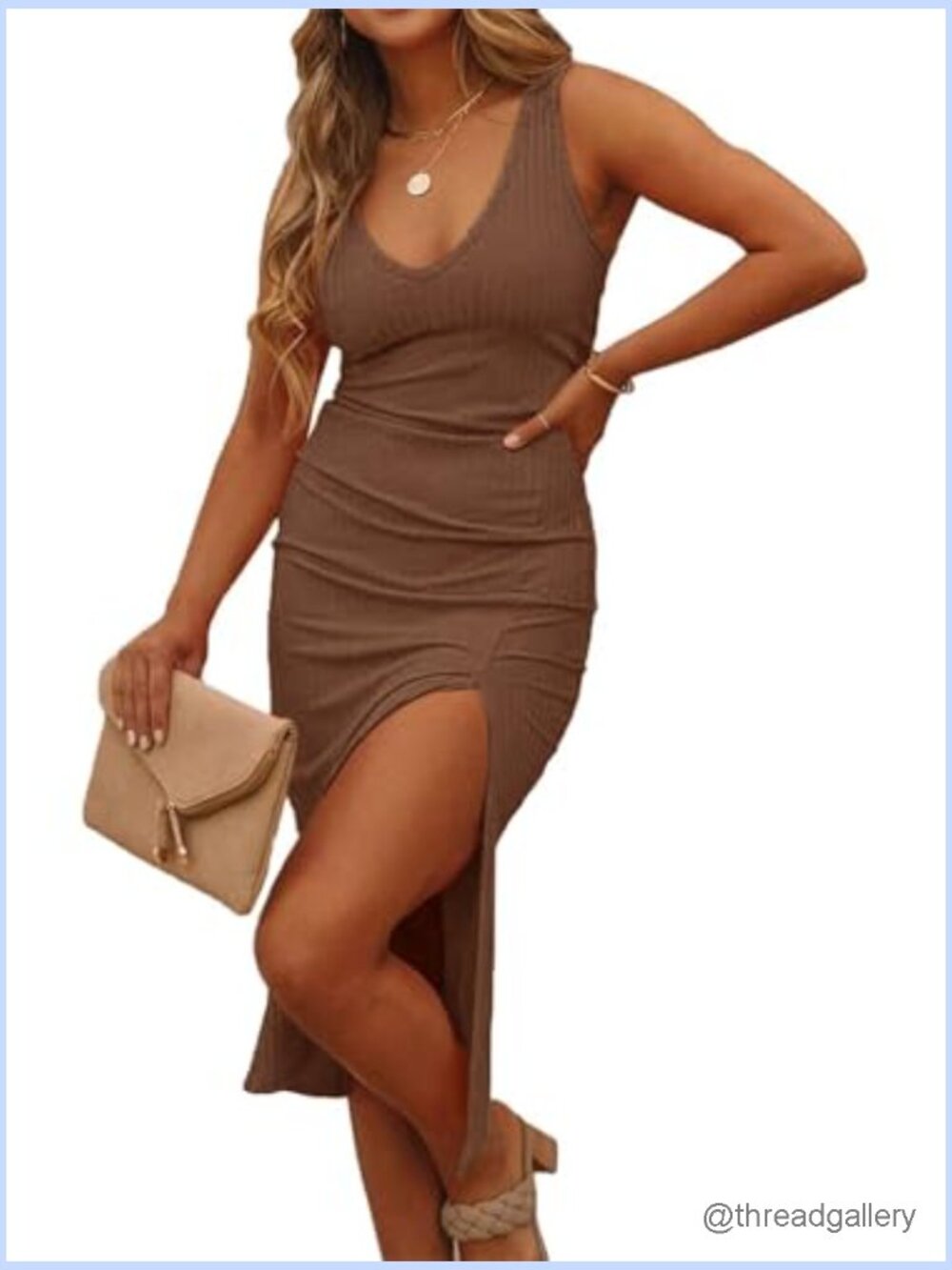 Sleeveless V Neck Bodycon Midi Dress Side Slit Ribbed Knit Pencil Party - Picture 6 of 7